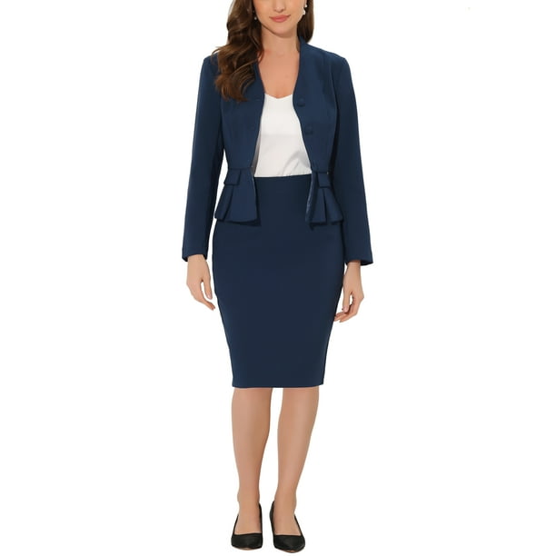 Conjuntos de trajes para mujeres INSPIRE CHIC, atuendos de negocios, blazer peplum sin cuello, falda lápiz formal, conjunto de 2 piezas M azul oscuro
