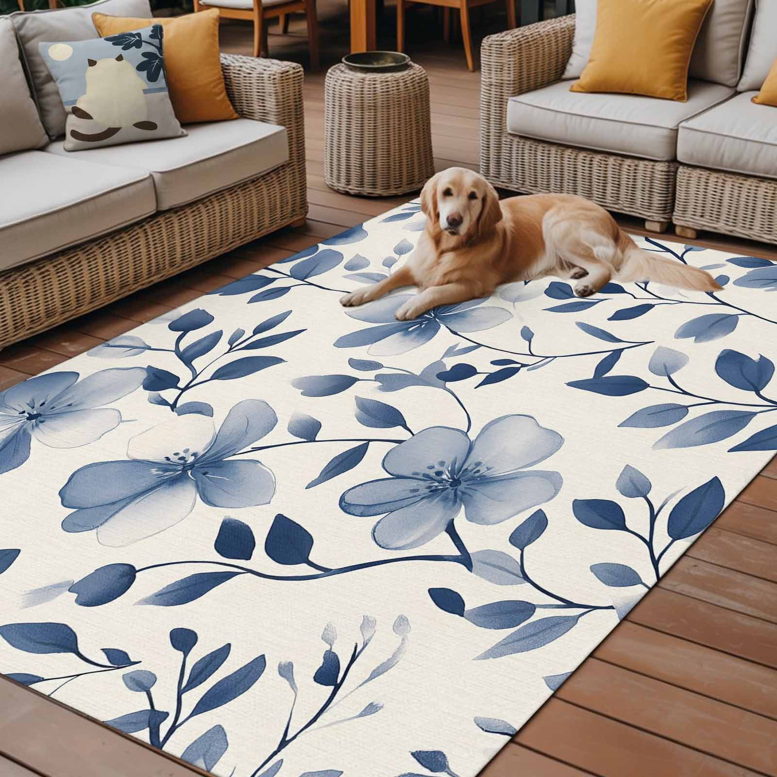 Outdoor Rug 5x8ft Ombre Blue Flowers Large Area Rug Leaf Plant Indoor Outdoor Carpet Outdoor Rugs Mats for Patio Camping,RV,Front Door, Outside Decor