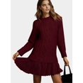 thumbnail image 4 of Robe Chandail en Tricot Torsadé pour Femmes, Col Ras du Cou, Manches Longues, Mini-Robe Plissée, Style Deux-en-un, Robe Patchwork, Rouge Vin, m, 4 of 7