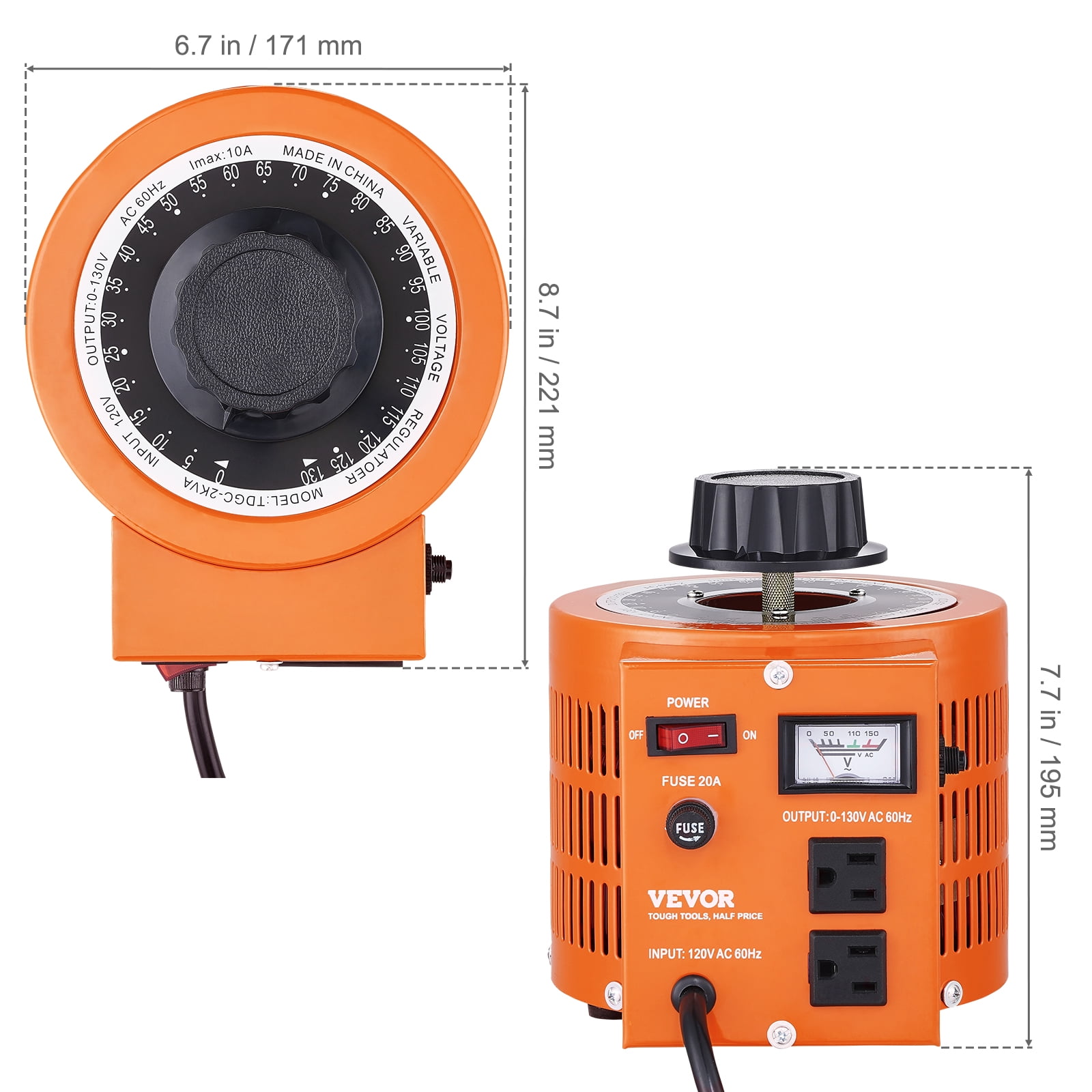 SKYSHALO 2000VA Variable Voltage Transformer 15.3A 0-130V AC Voltage Regulator UL