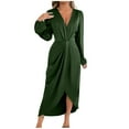 thumbnail image 2 of YueHuiYing Women's Solid Color Long Sleeve V-Neck Waist Split Formal Cocktail Wedding Guest Satin Dresses, 2 of 8