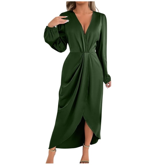 Enjoytime Long Dresses for Women Solid Color V-Neck Long Sleeve Satin Party Dress Elegant Fashion Wedding Guest Dresses