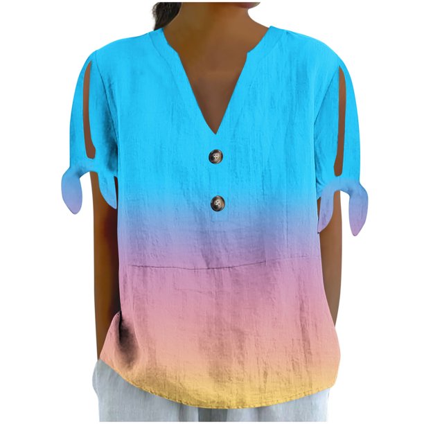 Vestidos Casuales Para Mujer, Blusas De Mujer De Moda Camiseta holgada de manga corta con cuello en V, botones y estampado sin posicionamiento para mujer, estilo informal y de moda
