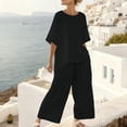 thumbnail image 2 of Cotton Linen Outfits 2 Piece Sets for Women Loose Casual Short Sleeve Top Wide Leg Pants Travel Beach Clothes (M, Black), 2 of 8