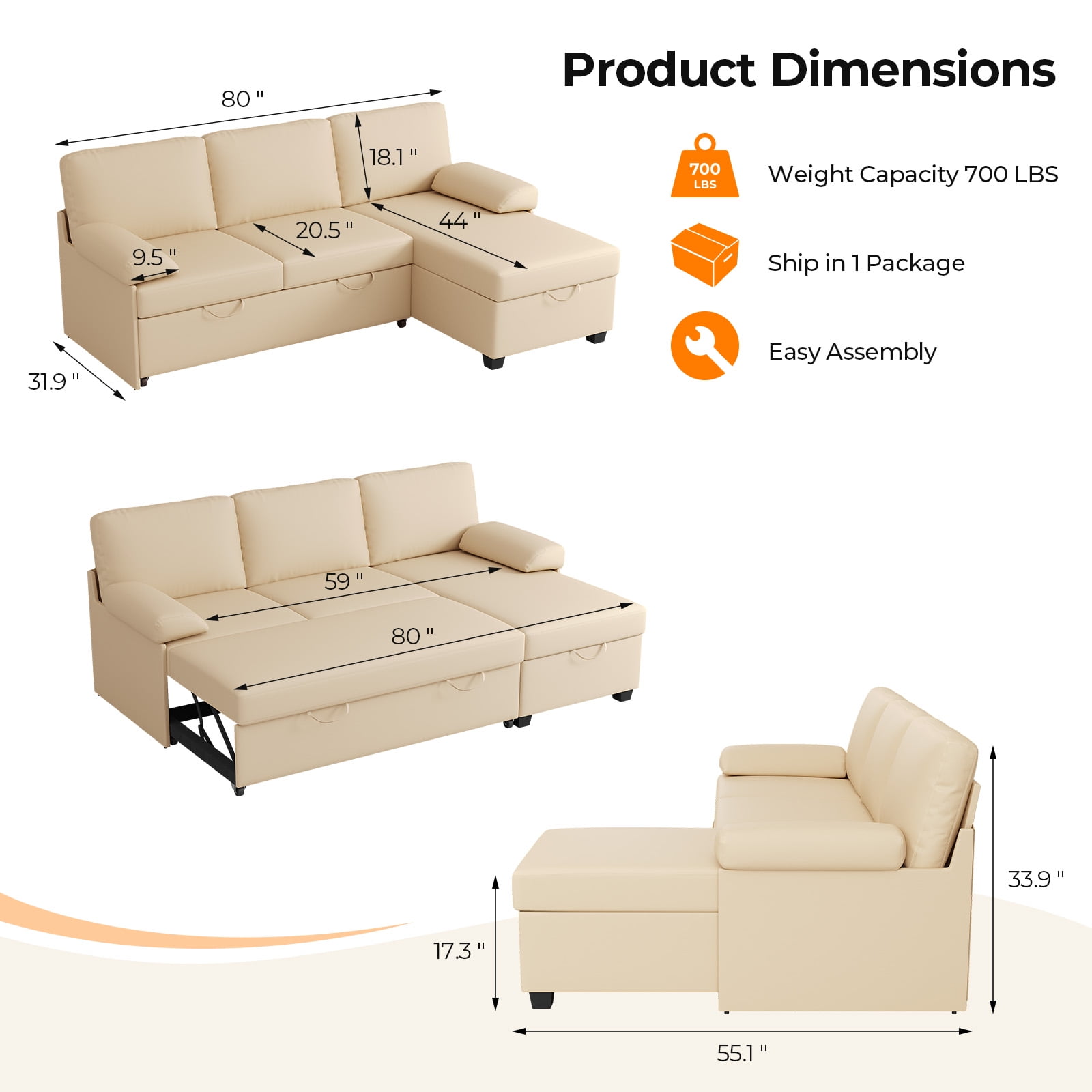 COPIAE 80” L Shaped Sofa Sleeper, 2 in 1 Pull Out Sofa Bed with Upholstered Cushion, Faux Leather Couch with Storage& Removable Armrest, Modern Comfort Sectional Couch Bed for Living Room Bedroom