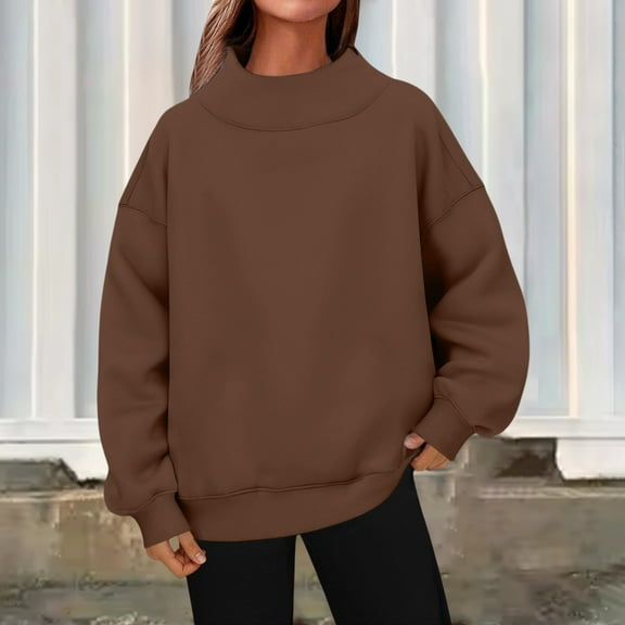 Women's Plus Size Casual Pullover, No Hood Crewneck Sweatshirt, Soft Long Sleeve Top, Loose Fit Comfort Wear, Oversized Everyday Blouse for Women Coffee L