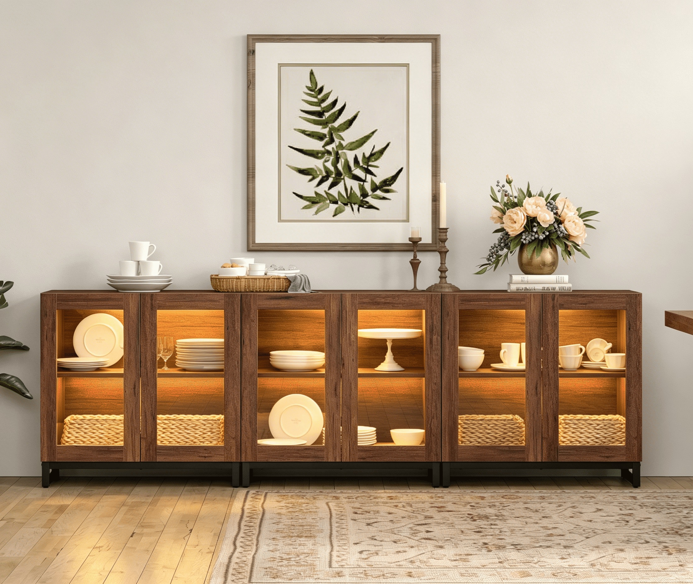 Modern Sideboard Buffet Cabinet with Glass Door & Drawer, Adjustable Shelf Credenza, Coffee Bar Storage Cabinet for Living Room & Kitchen,Brown