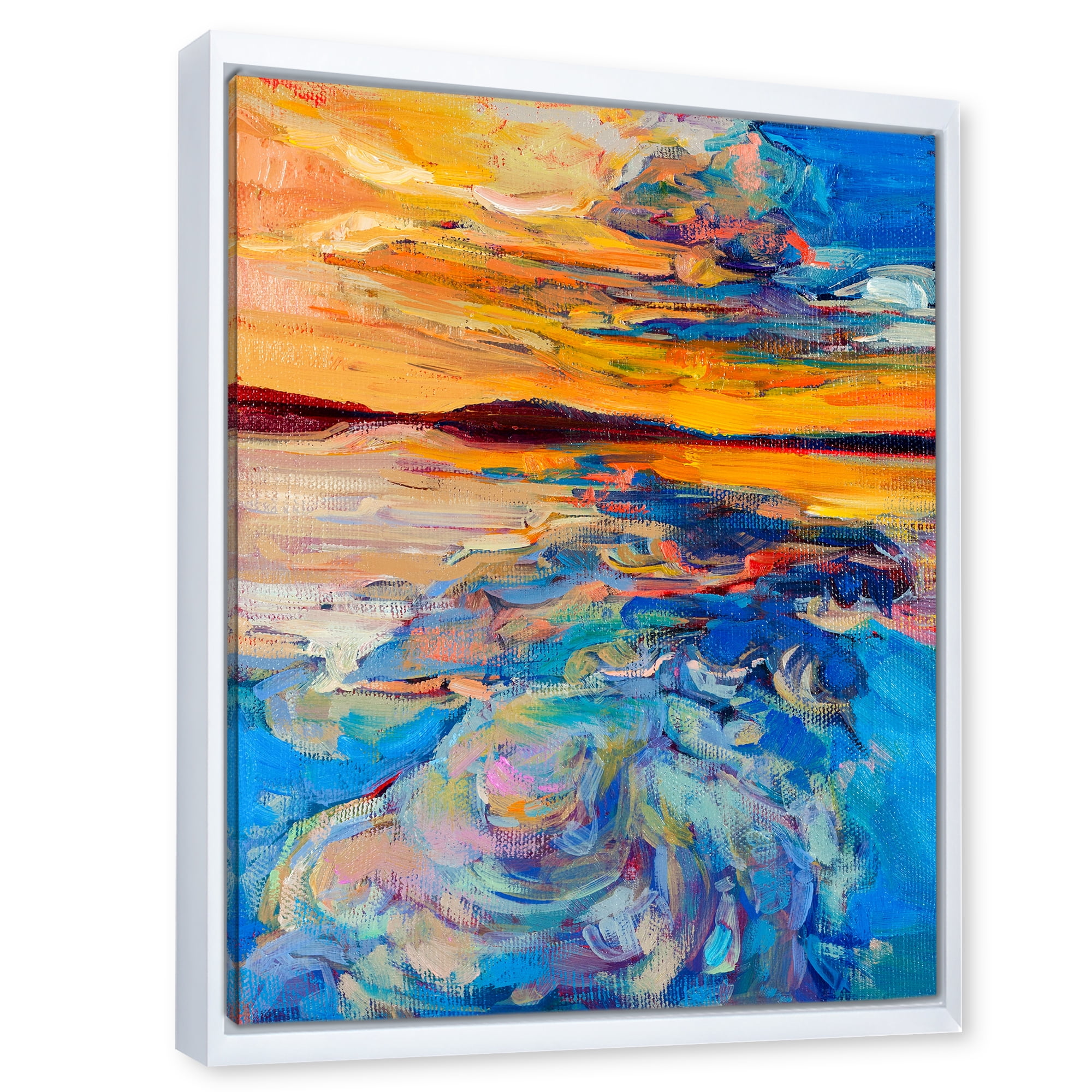 Designart 'Whirly Blue Waves Under Orange Sunset' Nautical & Coastal Framed Canvas Wall Art Print