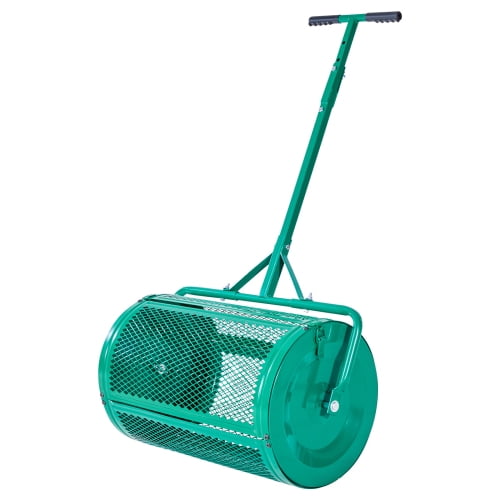 24 Inch Dual-Purpose Push & Tow Compost Spreader, 4-Height Adjustable Steel Handle, 2.66 Cu.Ft Large Capacity Mesh Roller for Lawn Fertilizer Peat Moss