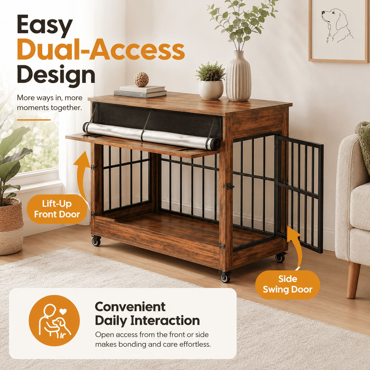 Aukfa 46-Inch Large Dog Crate Furniture, Indoor Dog Kennel Decorative Pet Cage End Table, Lift-Up Door, Curtain & Wheels,Brown