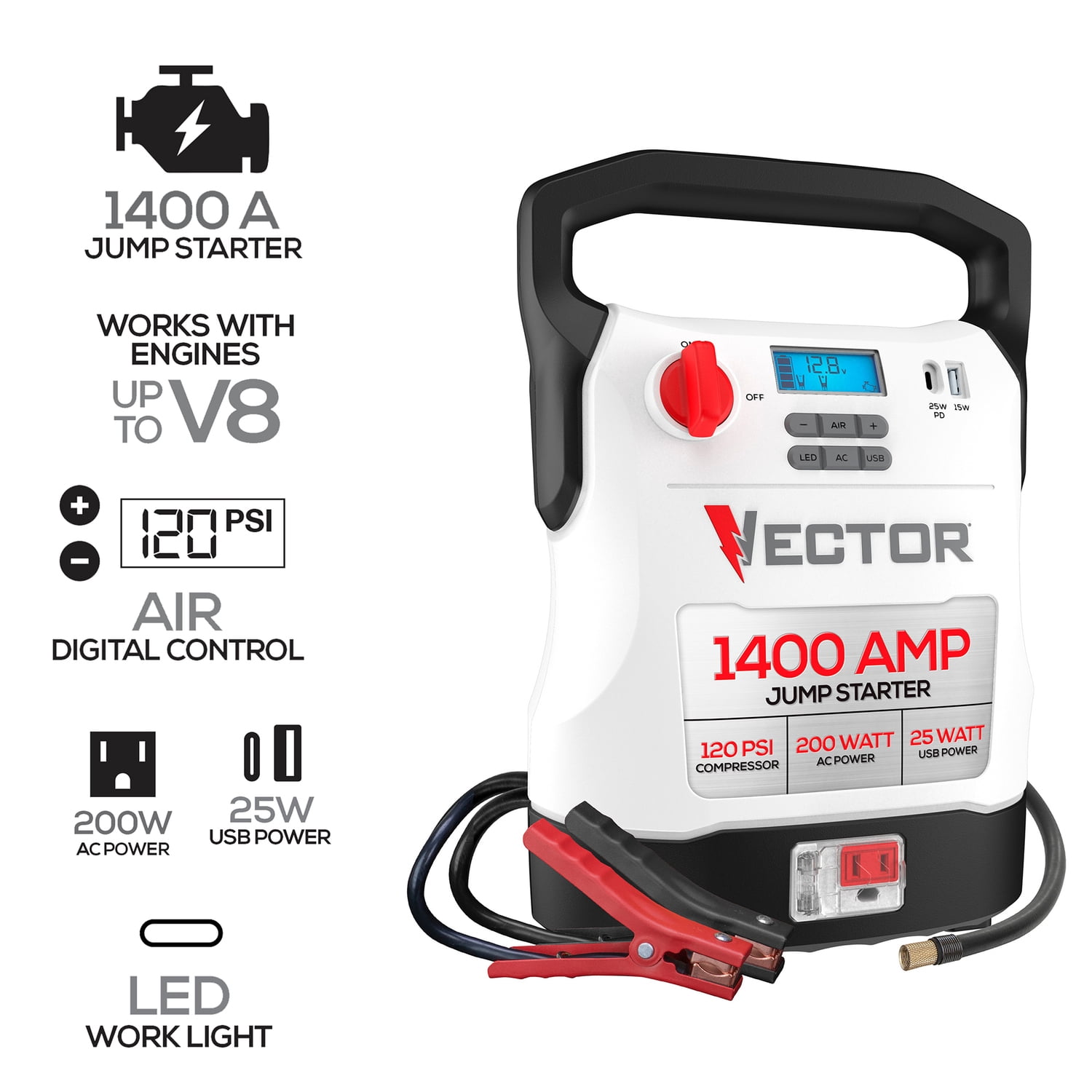 Vector Portable Car Jump Starter, 120-PSI Air Compressor, and USB Power Bank with 1,400-Amp Peak for V8 Cars/Trucks, AC Outlet, Clamps, LED