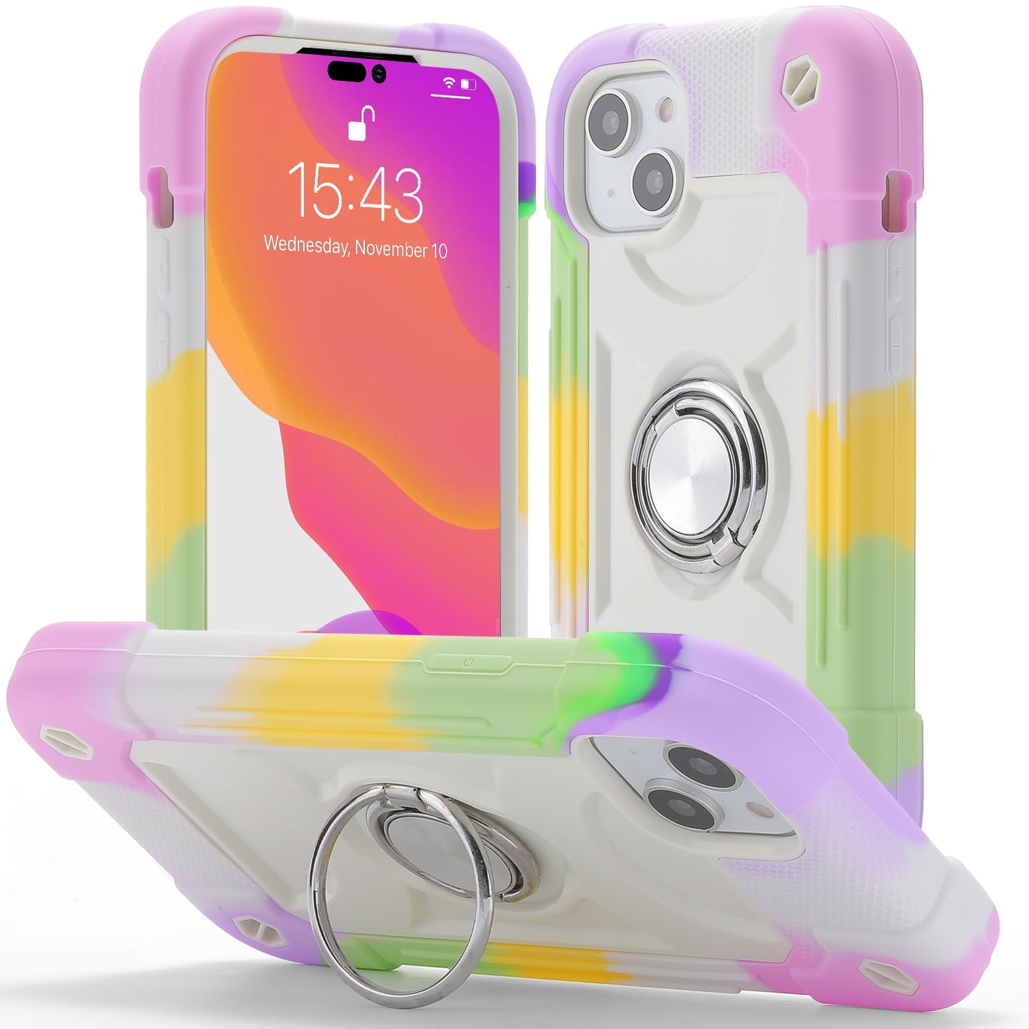 for iPhone 13 Case with Ring Stand, Heavy Duty Military Grade Rugged Shockproof Silicone Rubber Magnetic Kickstand Holder Case for Women Girls For iPhone 13 , Colorful/White