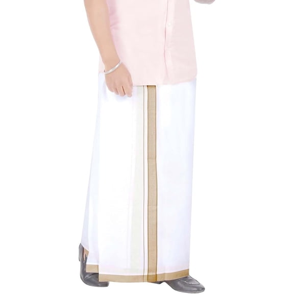 Stylesindia Cotton Dobby Design Border Double Layer Dhoti Cotton Vesti Mundu Sarong Kerala Kasavu Border Dhoti 3.6M Beige