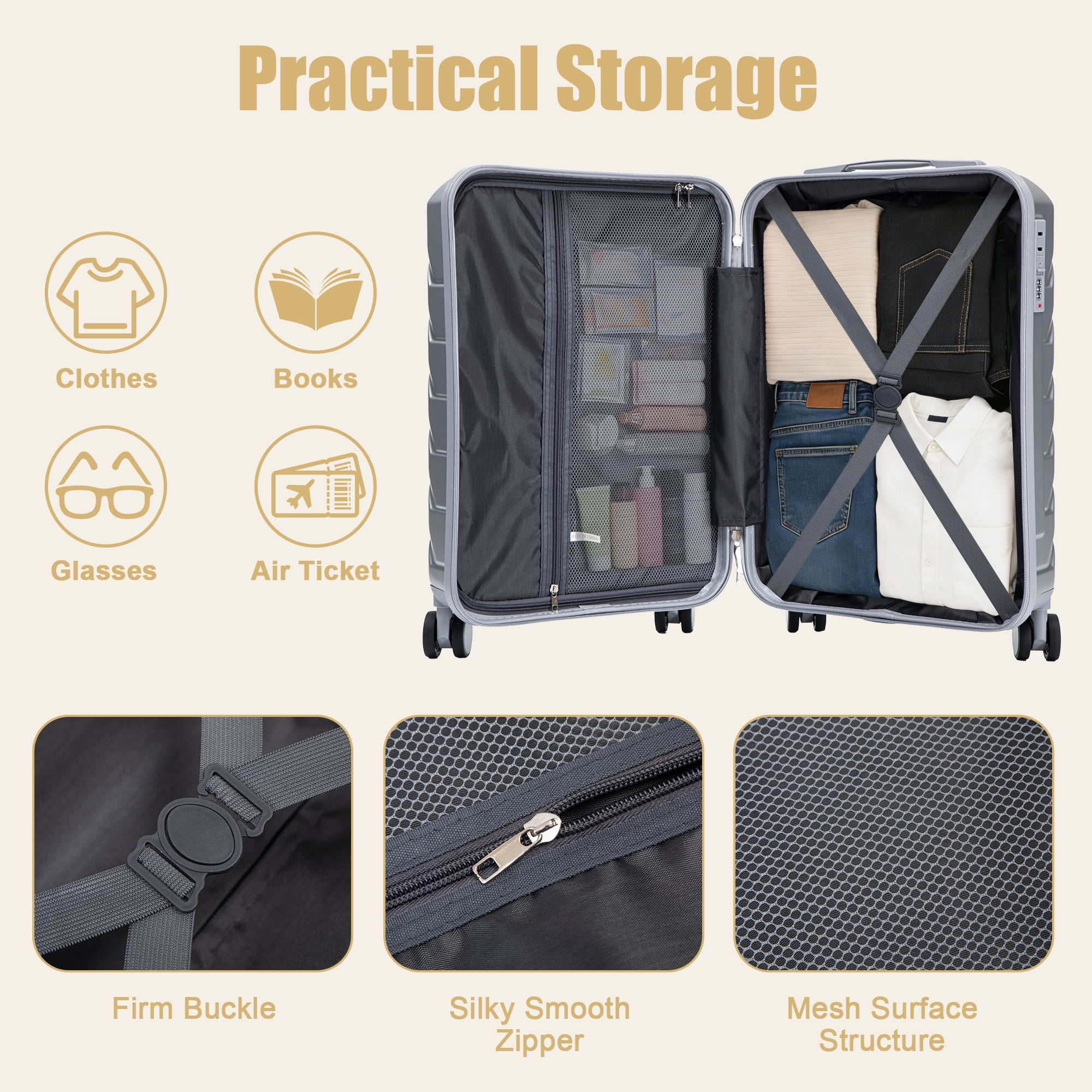20 Inch ABS Hard Shell Carry-On Luggage, Airline Approved, Scratch Resistant, 4 Spinner Wheels, Built-in Combination Lock, Lightweight Waterproof Suitcase (Silver)