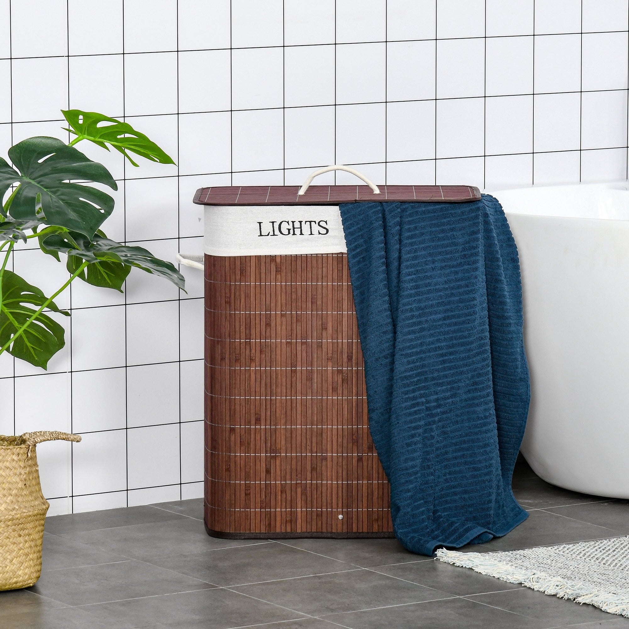HOMCOM Bamboo Laundry Basket, Collapsible Laundry Hamper, Brown