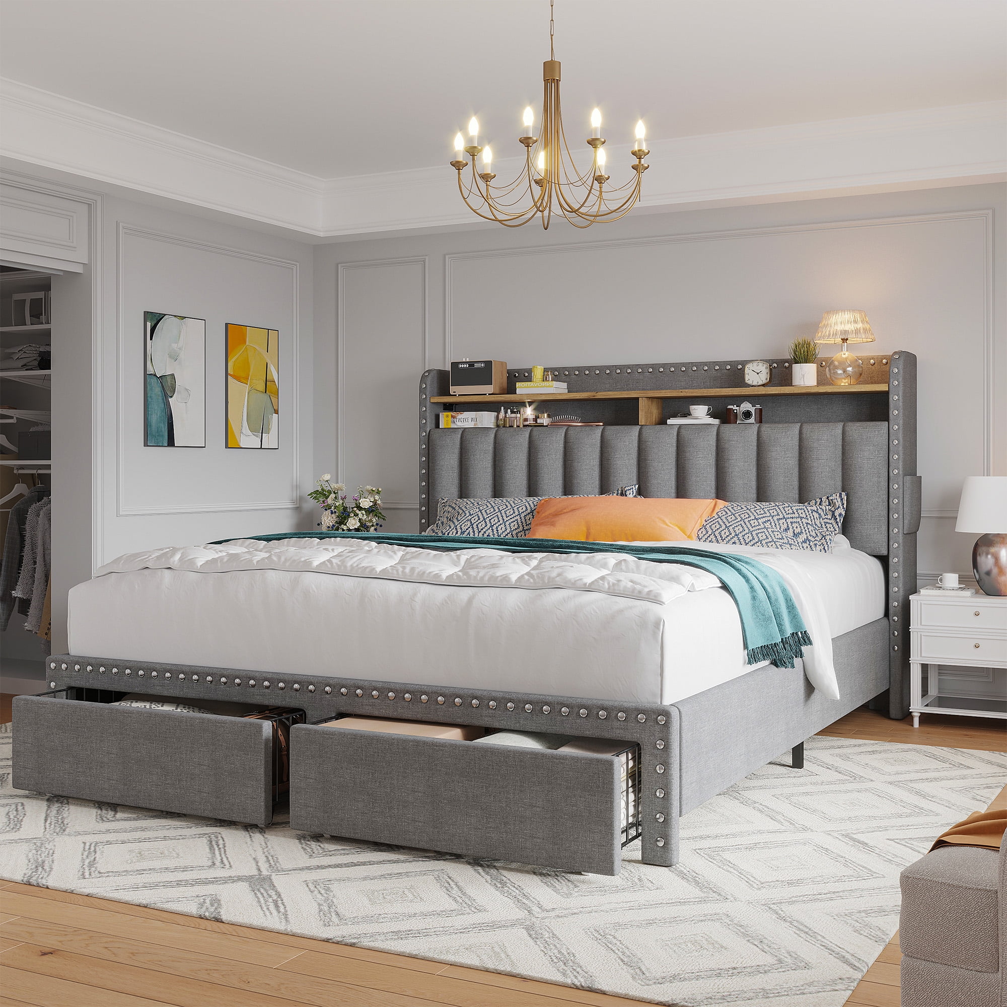 EnHomee Full Modern Metal Wood Platform Bed with Storage Drawers, Gray