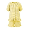 thumbnail image 4 of Vornjynx Kids Girls Outfit Sets Puff Sleeve Tops and Ruffle Hem Shorts Plaid Print 2026 Summer Comfort Clothes 2 Piece Yellow Size 6-7T, 4 of 9