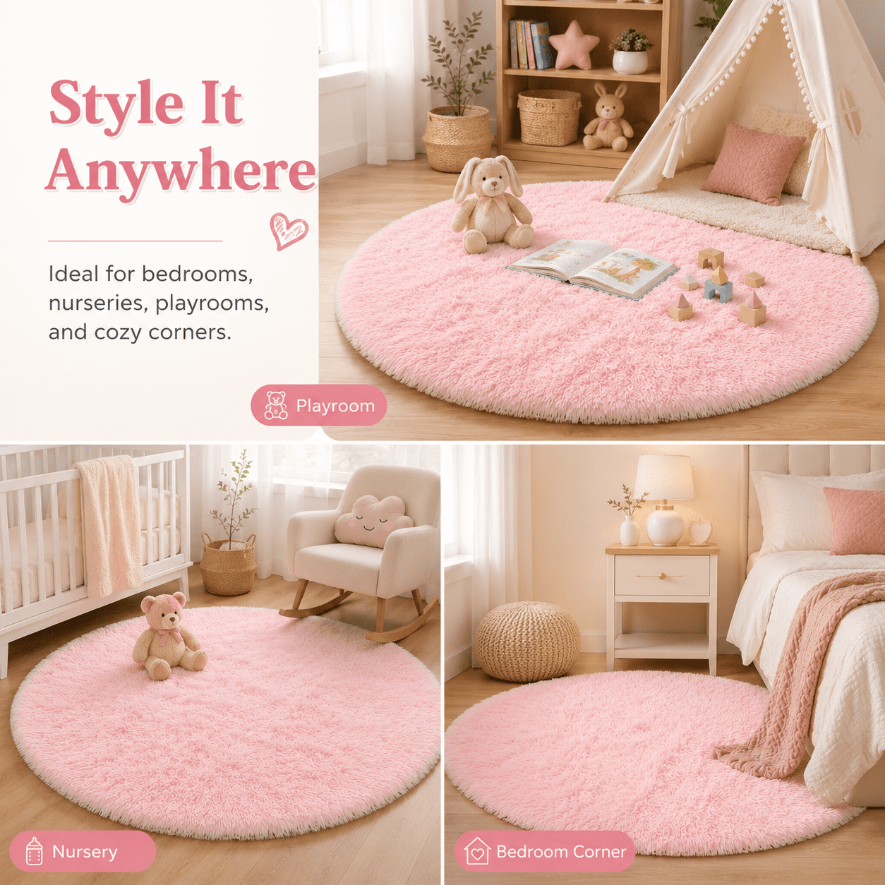 Sanmadrola Round Area Rug for Bedroom Fluffy Circle Rug 5.2'X5.2' for Kids Room Furry Carpet for Girls Bedroom Shaggy Circular Rug for Nursery Room Fuzzy Plush Rug Dorm Cute Room Decor for Baby Pink