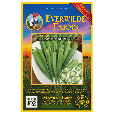 Everwilde Farms - 100 Clemson Spineless Okra Seeds - Gold Vault Jumbo Bulk Seed (Best Way To Plant Okra)