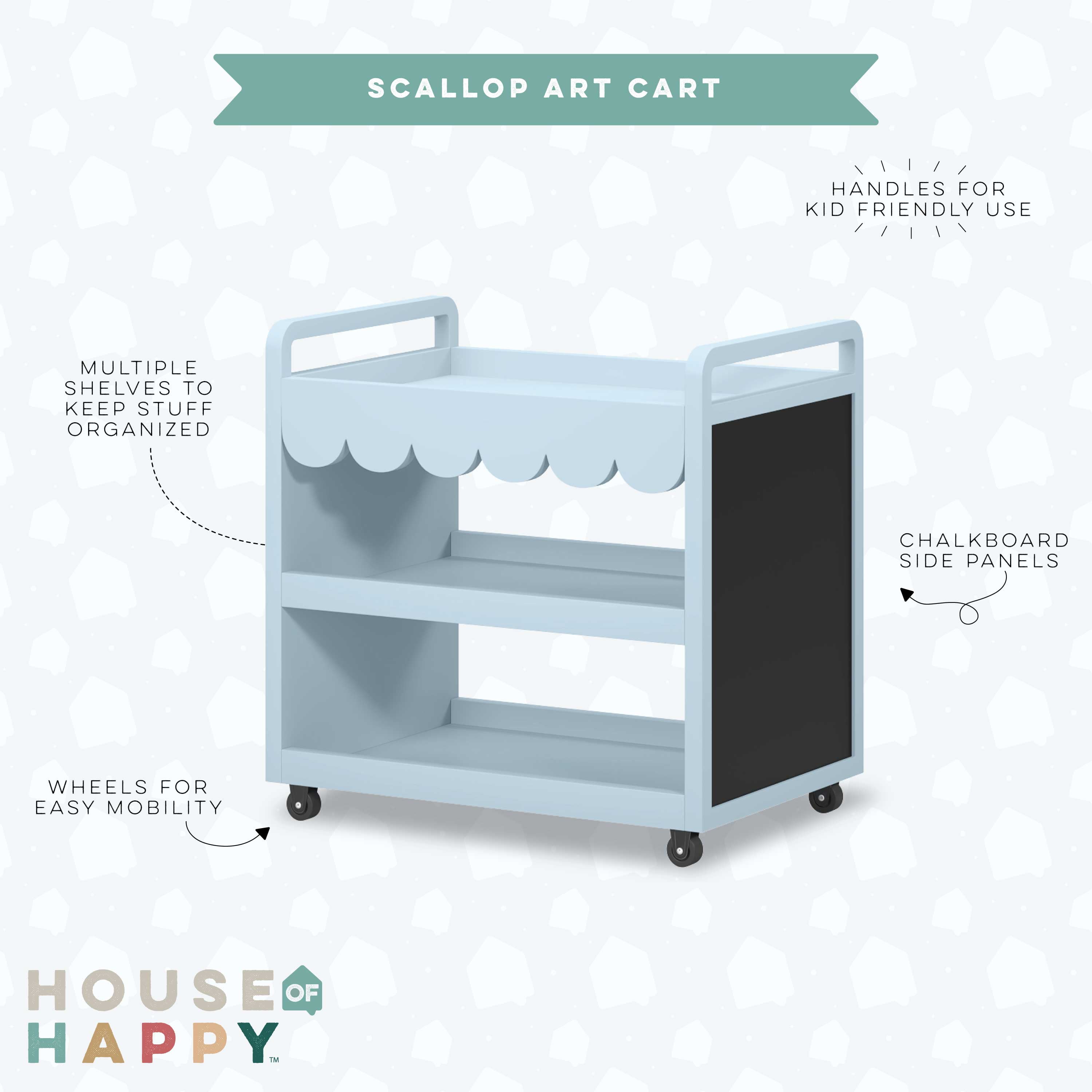 House of Happy Scallop Art Cart , Blue for Kids Classroom, Kids Playroom or Kids Bedroom