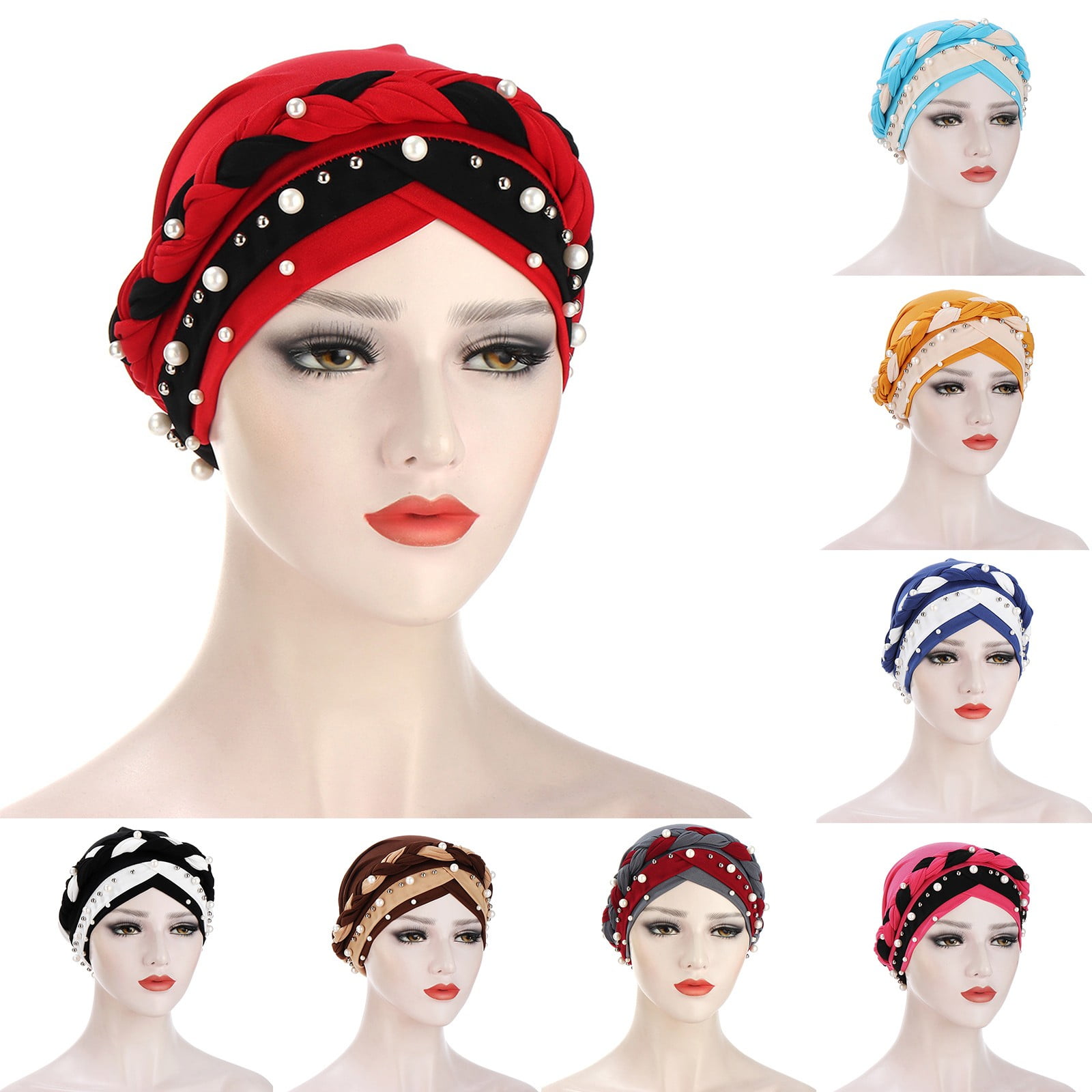 LSQii Head Scarf Casual Beading Pearl Stitching Color Turbans for Women Adjustable Stretch Breathable Soft Hijab (Hot Pink) Hair Wraps Beanie Fashion