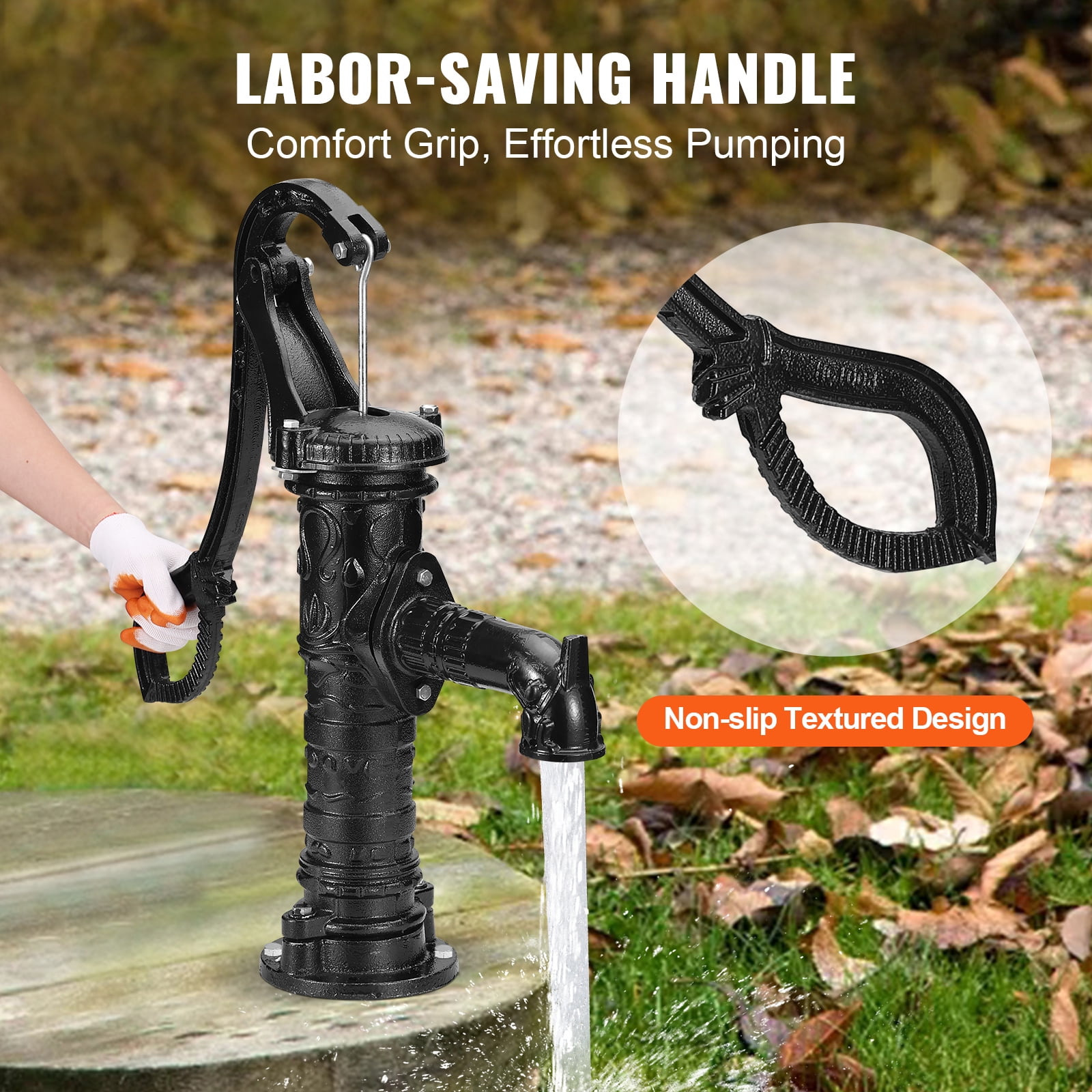 KFFKFF Classic Manual Water Pump, 22 ft Lift Capacity, Durable Cast Iron Construction, Hand-Operated with Comfortable Handle G1-5/8", Simple Setup, Ideal for Outdoor Gardens, Yards, Farms - Black