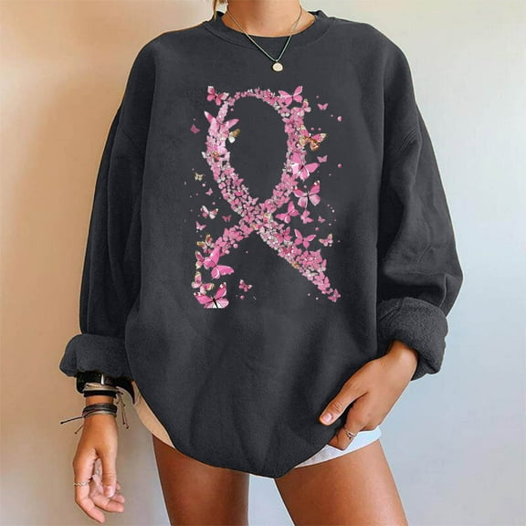 Fayshow0 Breast Cancer Awareness Accessories Support T-Shirt for Women Women's Round Printed Loose Fitting Sweatshirts Long Sleeve Hoodless Sweatshirts Gray