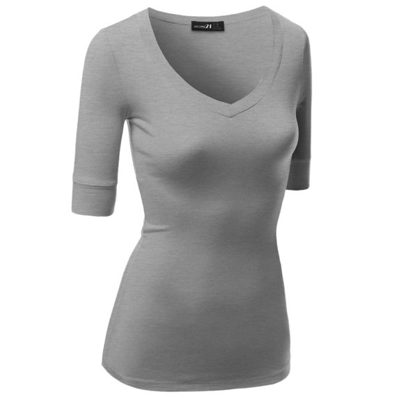 FashionOutfit Women's Basic Solid Arm Sleeve V Neck T-shirt Tops