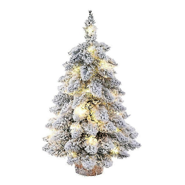Desktop Christmas Tree Snow Flocking Artificial Christmas Tree Mini Christmas Tree with Lamp & Wooden Base