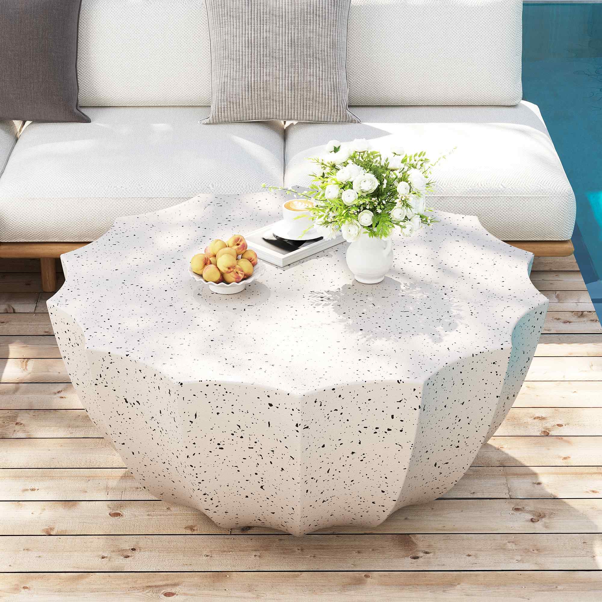 Lunale 35.43" Coffee Table for Indoor & Outdoor, Waterproof Durable MgO Cement Design, White