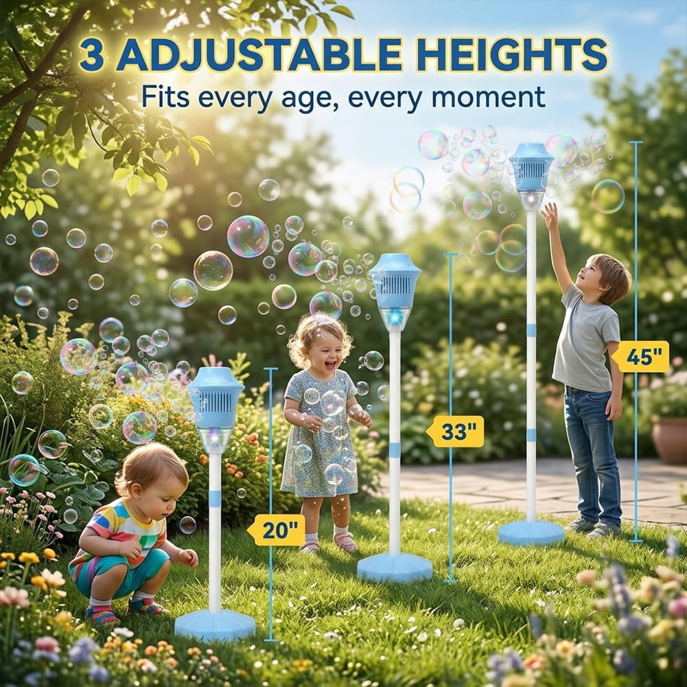 Guvpev 2026 Upgraded Automatic Standing Bubble Machine, 3-Level Height Adjustable Up to 45 Inches, Portable Bubble Maker with Lights & Music for Outdoor Party, Wedding, Summer, Unique Gifts
