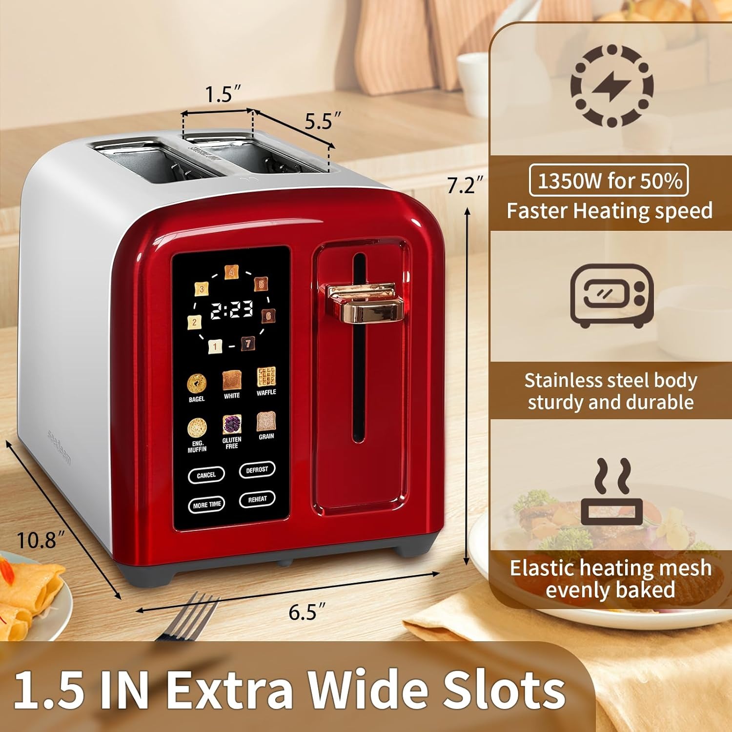 Toaster 2 Slice, Touch Control Stainless Toaster LCD Display, 50% Faster Heating Speed, 1.4'' Wide Slots, More Timer Functions, Removable Crumb Tray, 1350W, Dark Metallic