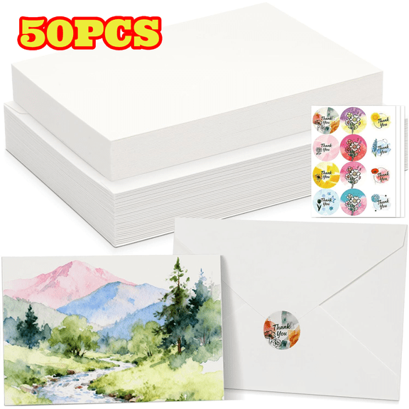 50 Pack Foldable Blank Watercolor Cards with Envelopes, 4 x 6 inch, Cotton Acid-Free Water Color Cards to Paint or Cards Making for Wedding Birthday Party