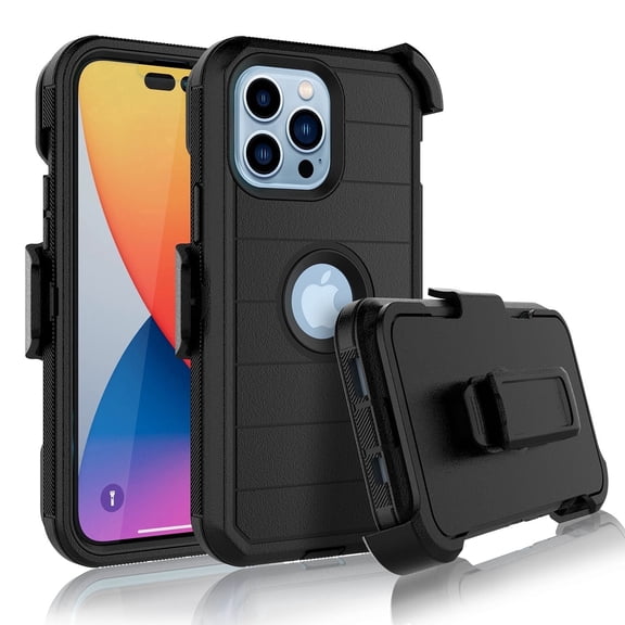 Apple iPhone 14, 14 Pro, 14 Plus, 14 Pro Max Case, Heavy Duty Rugged Defender Case with [Belt Clip Holster] [Built in Screen Protecotr], Shockproof Full Body Protection Kickstand Cover, Black