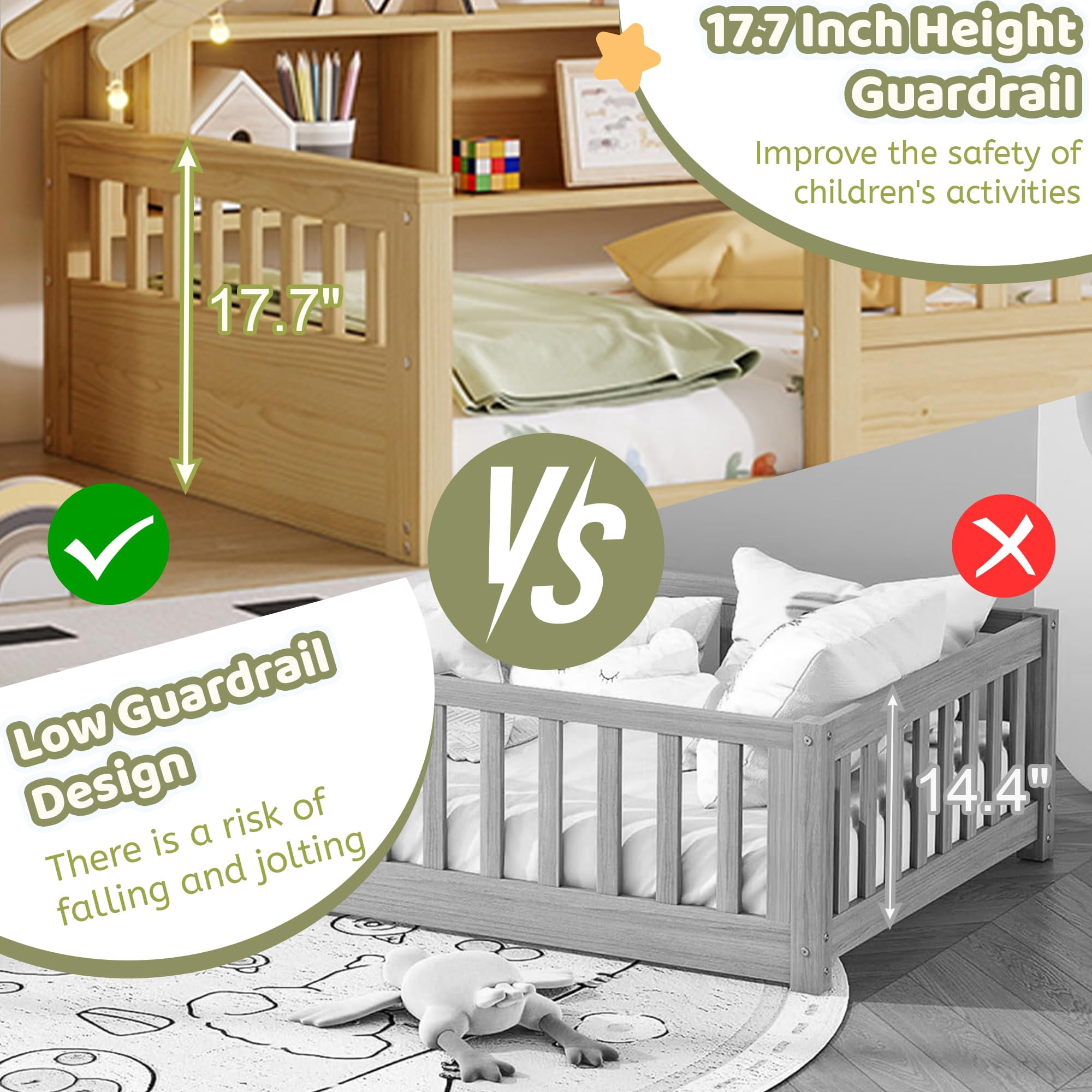 Mirightone Full Size Floor Bed with Storage Bookshelves, Wooden Montessori Bed Frame with Light, Roof Shape & High Safety Rails, Low Profile Beds, No Box Spring Needed, Natural