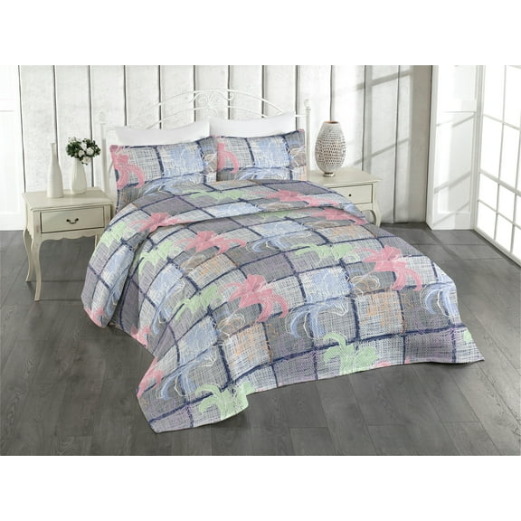 Ambesonne Floral Quilted Bedspread Set 3 Pcs, Drawing of Lily Pattern Art, King, Indigo Pale Grey and Blush