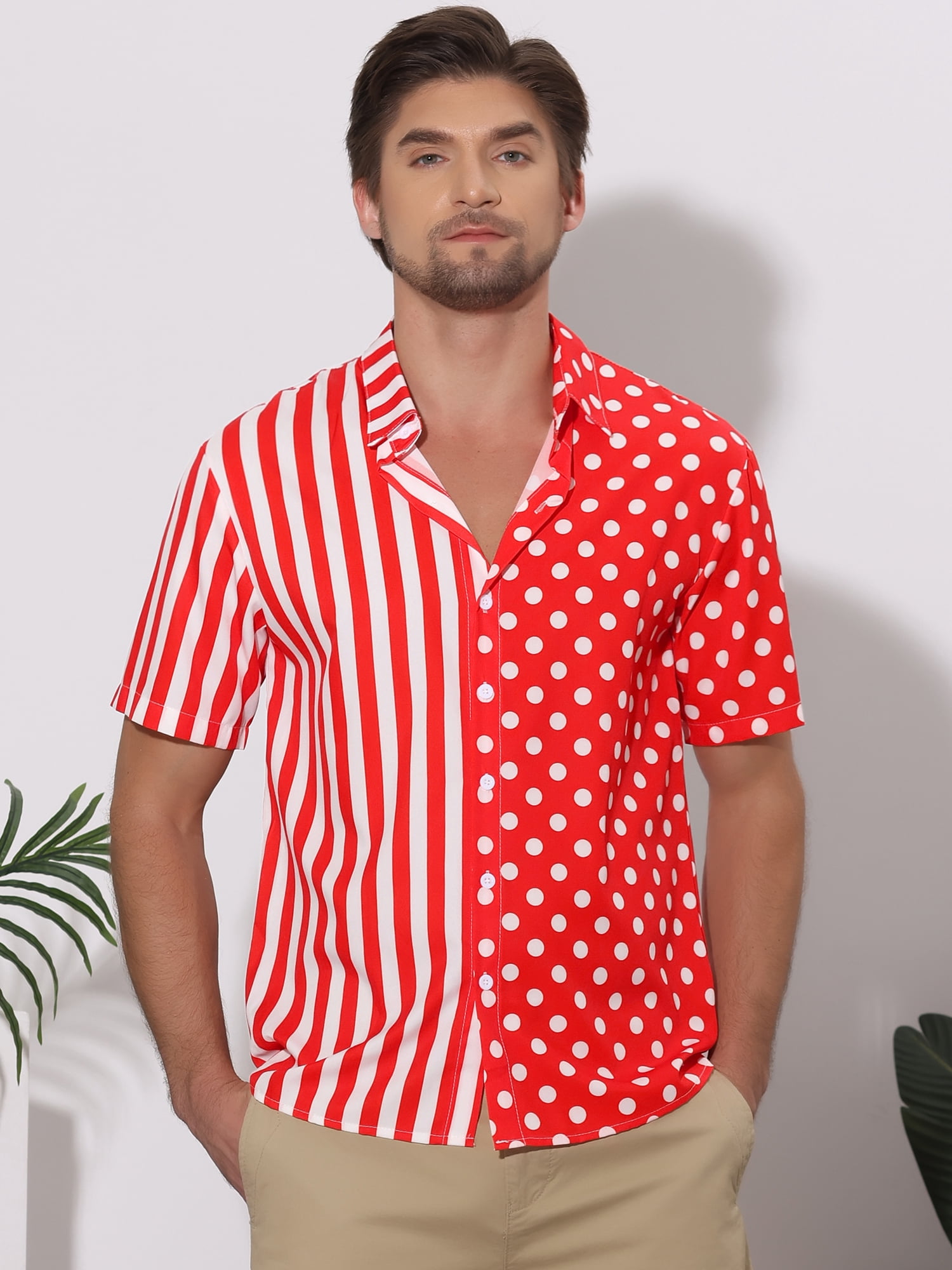 Unique Bargains Men's Summer Stripe Polka Dots Short Sleeves Button Patchwork Shirt L Red White