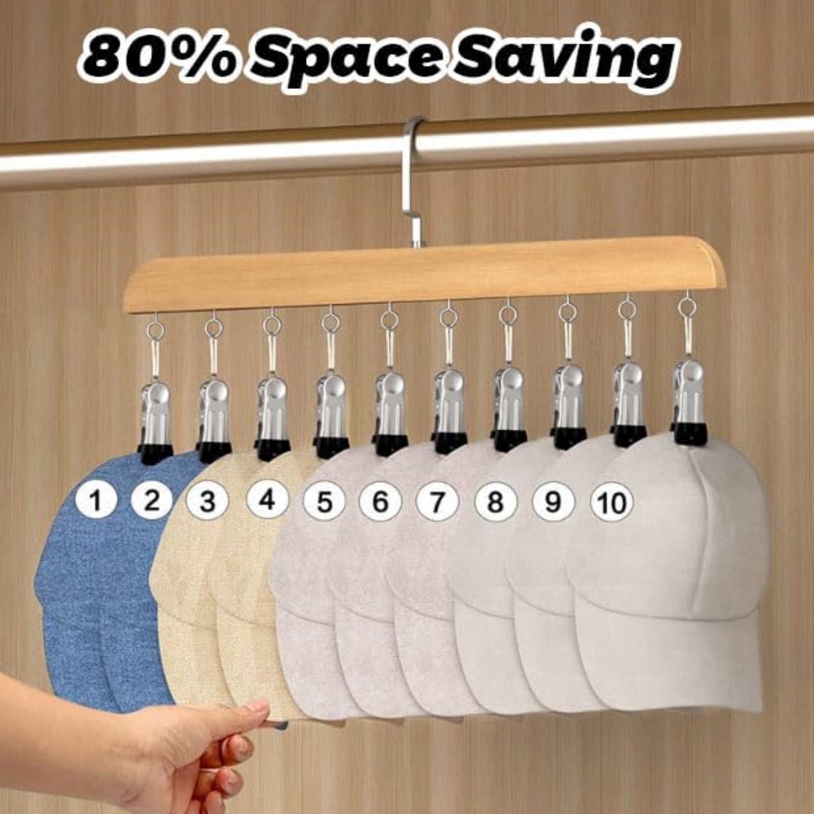Closet Organizer with 10 Clips, Wooden Hanging Pants and Legging Hanger, 360° Rotating Hook Space Saving Closet Storage for Jeans Scarves Socks