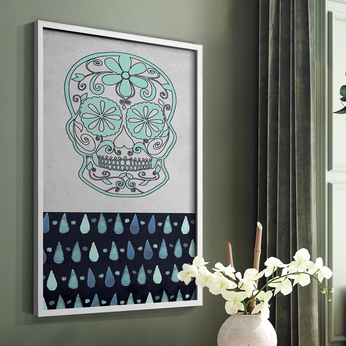 Day of the Dead Collection B Framed Print in White Solid Wood Framed Print No Nail Hanging