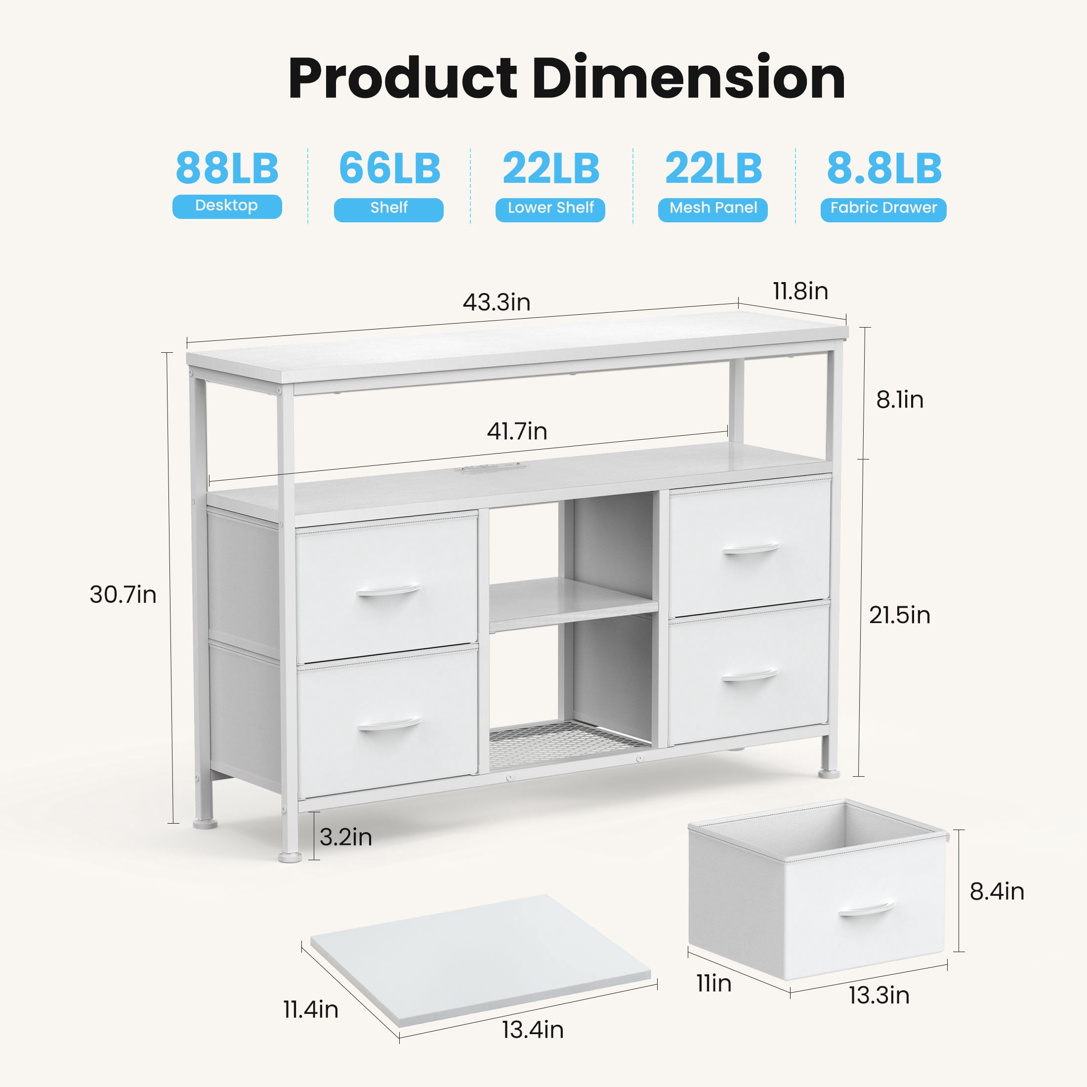 MCQ 43" TV Stand with 4 Fabric Drawers, Built-in Outlet - Perfect for Living Room and Bedroom, White