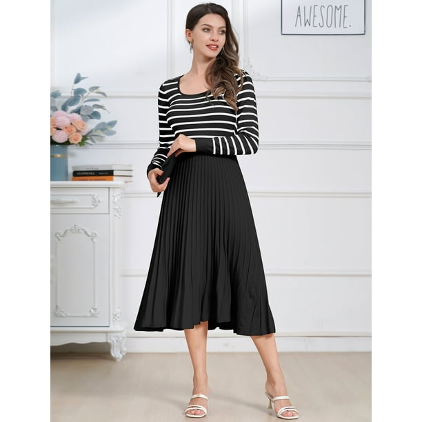 IDOPIP Womens Long Sleeve Striped Midi Dresses 2024 Square Neck Ribbed Knit  Pleated A Line Sweater Dress - Walmart Business Supplies