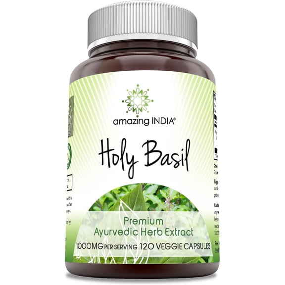 Amazing India Natural Holy Basil 1000 Mg Per Serving 120 Veggie Capsules Supplement | Non-GMO | Gluten Free | Suitable for Vegetarians