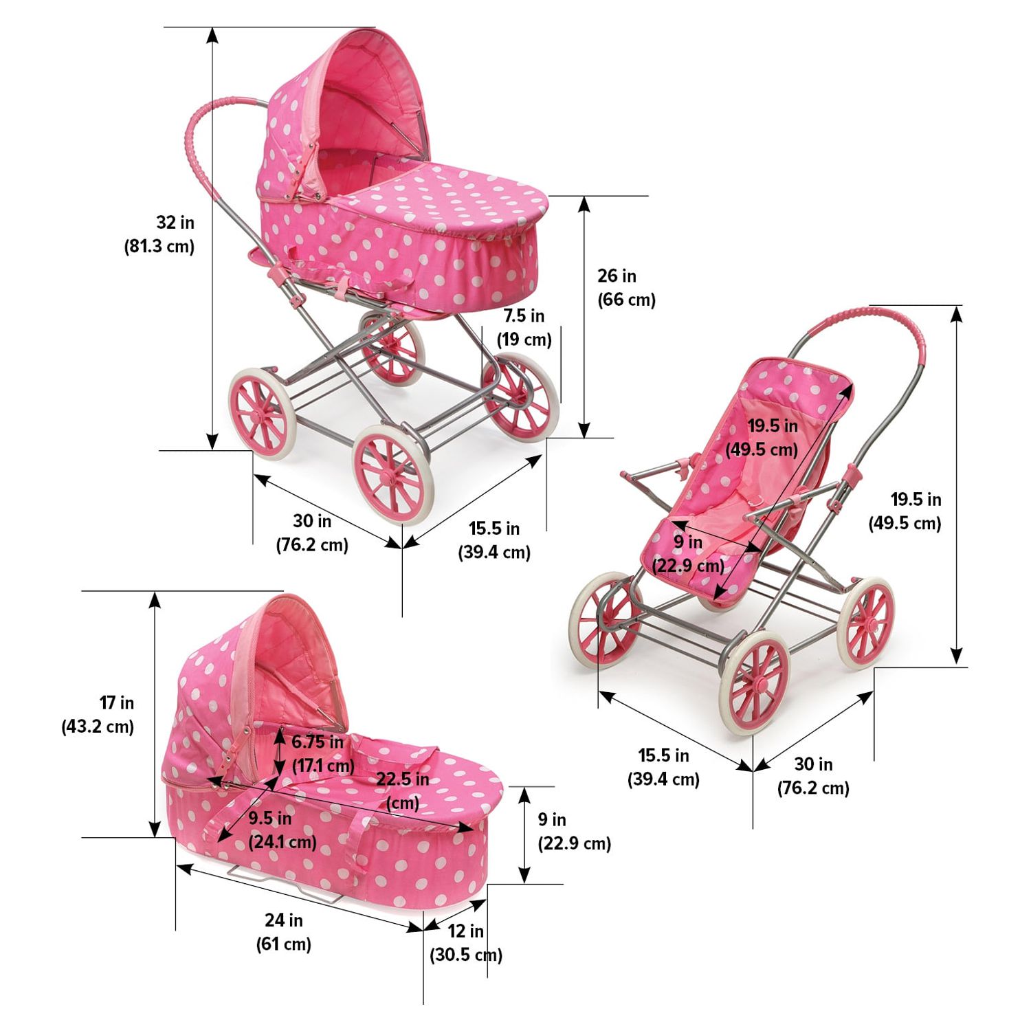 Badger Basket Just Like Mommy 3-in-1 Doll Pram/Carrier/Stroller - Pink/Polka Dots - image 5 of 13