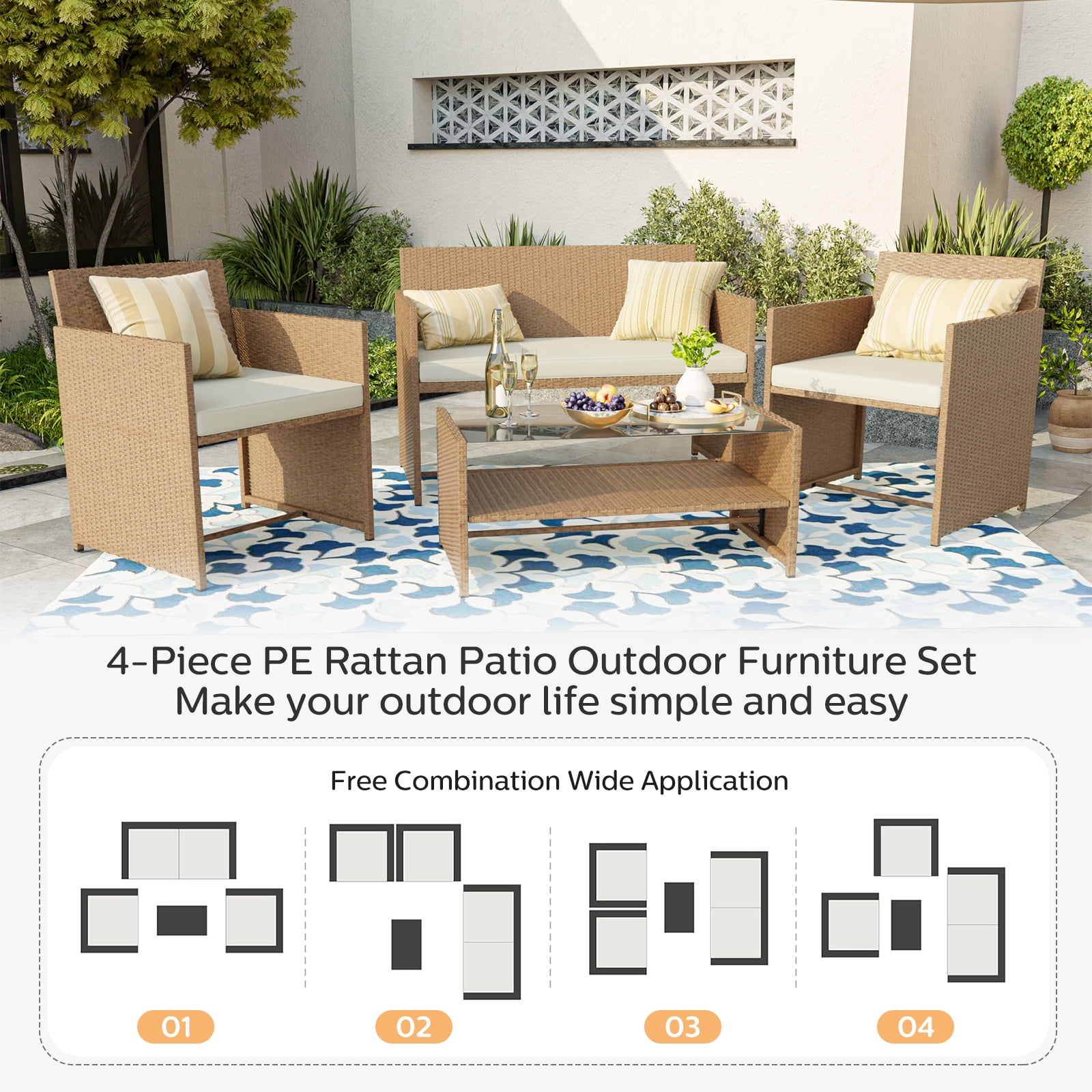 ELPOSUN 4-Piece Patio Rattan Furniture Set with Cushions & Tempered Glass Tabletop, Beige