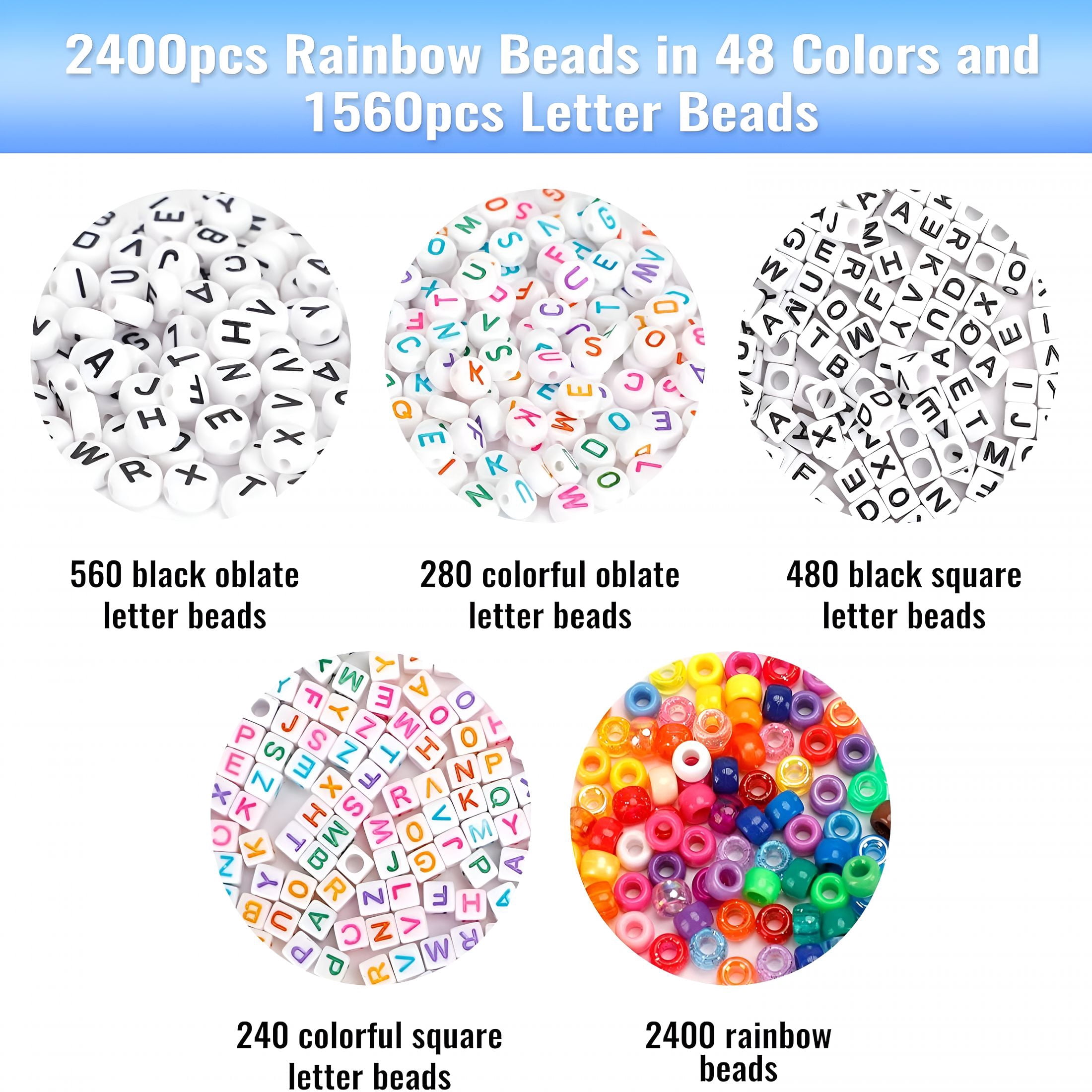TUWAFE 3960pcs Pony Beads for Friendship Bracelet Making Kit 48 Colors Kandi Beads Set, 2400pcs Plastic Rainbow Bulk and 1560pcs Letter Beads with 20 Meter Elastic Threads