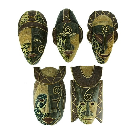 - Set of 5 Hand Carved African Tribal Style 10 Inch Wooden Wall Masks