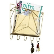 MyGift Modern Geometric Gold Metal Wire Wall Mounted Mail Organizer with 5 Key Hooks