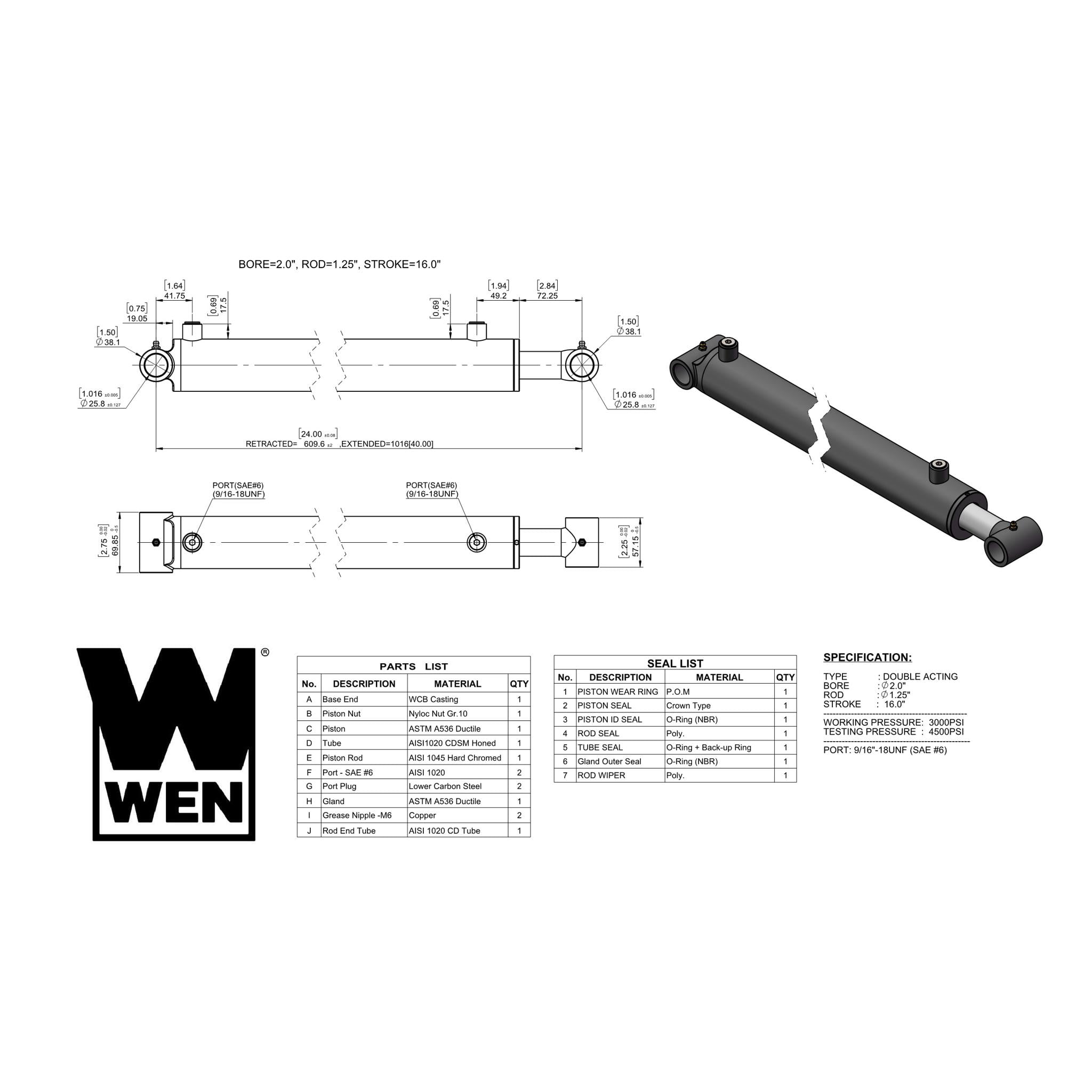 WEN Cross Tube Hydraulic Cylinder with 2-inch Bore and 16-inch Stroke (WT-2016)