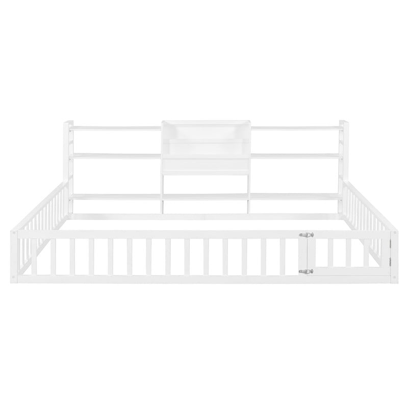 Queen Size Floor Bed Montessori Bed with Integrated Bookcase and 3-Tier Storage Shelves, Wooden Low Profile Toddler Bed Platform Bed with Safety Guardrails for Boys Girls