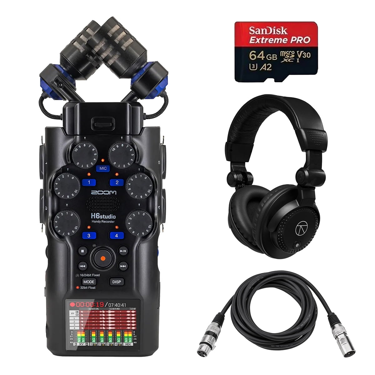 Zoom H6studio 8-Track 32-Bit Float Handy Recorder Bundle w/ 64GB Extreme Pro microSDXC, Turnstile Studio Monitor Headphones & H&A XLR M-F Mic Cable 10ft